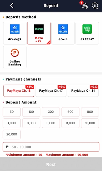 Step 1: Go to deposit and select PayMaya payment method. Then select a payment channel.