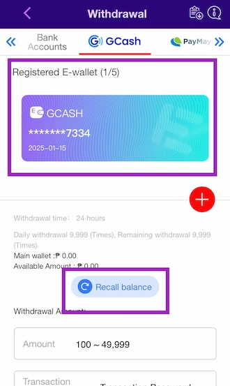 Select Withdrawal Address and Transfer Balanthe ce to Main Wallet