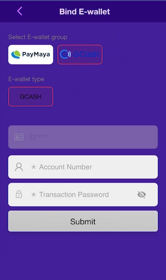 Step 3: Fill in the e-wallet account number and enter the transaction password consisting of 6-16 alphabetic characters.